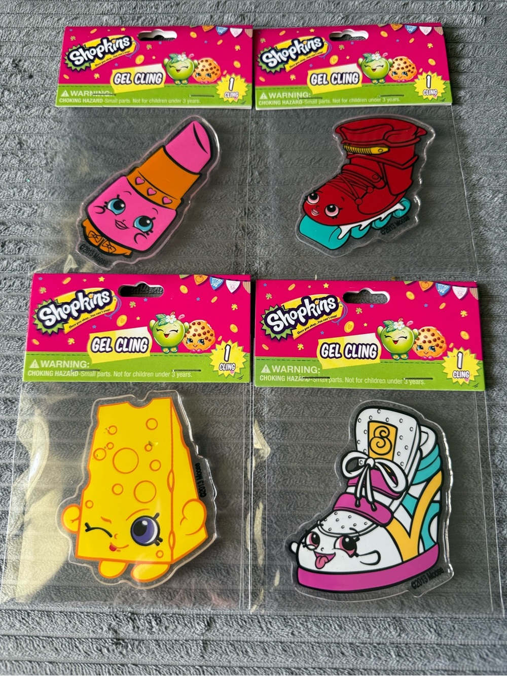 Lot of 4 New Shopkins Gel Cling Window Sneaker Lipstick Cheese Roller Skate